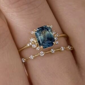 Elegant Gold and Blue Gemstone Ring Set 6, 7, 8